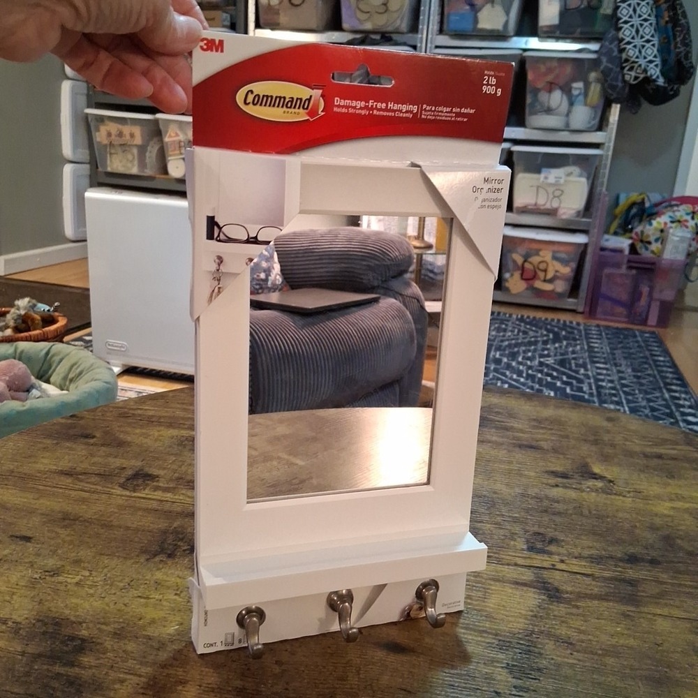 3M Command Brand White 6.5" Mirror Organizer 3 Key Hooks Holds Up To 2lbs READ